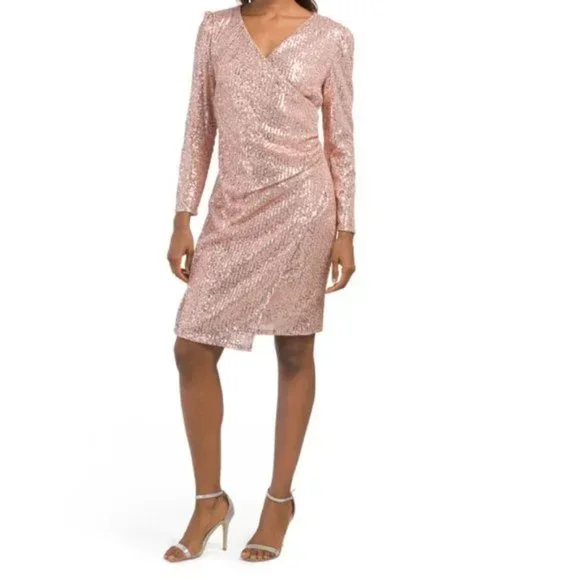 chinese dress ladies Final Sale Plus Size Long Sleeve Faux Wrap Sequin BodyCon Dress in Bla –  Chic And Curvy main image 0